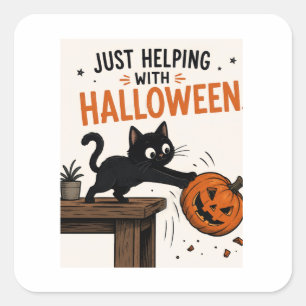 Pegatina Cuadrada Gato Negro Divertido Derribando Calabaza de Hallow