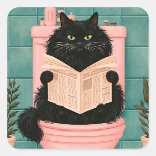 Pegatina Cuadrada Gato negro divertido en el baño 
