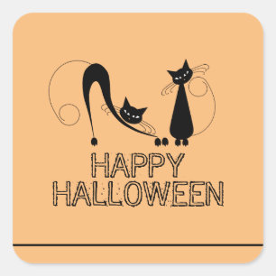 Pegatina Cuadrada Gato Negro Elegante, Feliz Halloween