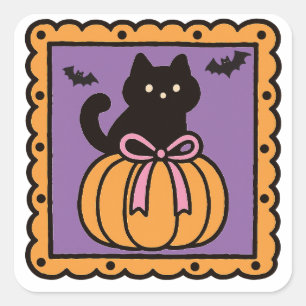 Pegatina Cuadrada Gato negro en calabaza - Diseño de Halloween lindo