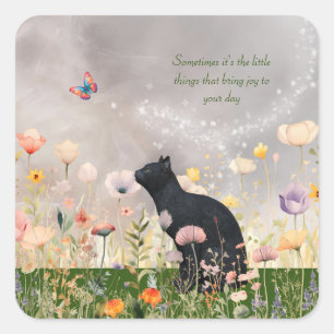 Pegatina Cuadrada Gato negro en flores