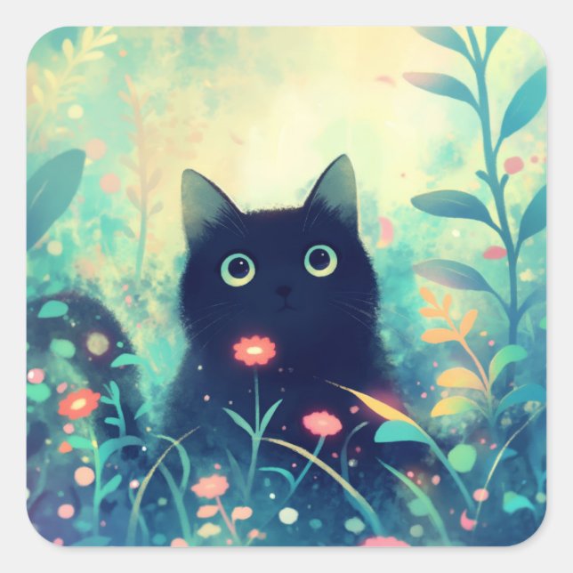 Pegatina Cuadrada Gato negro en un bosque de luces de ensueño (Anverso)