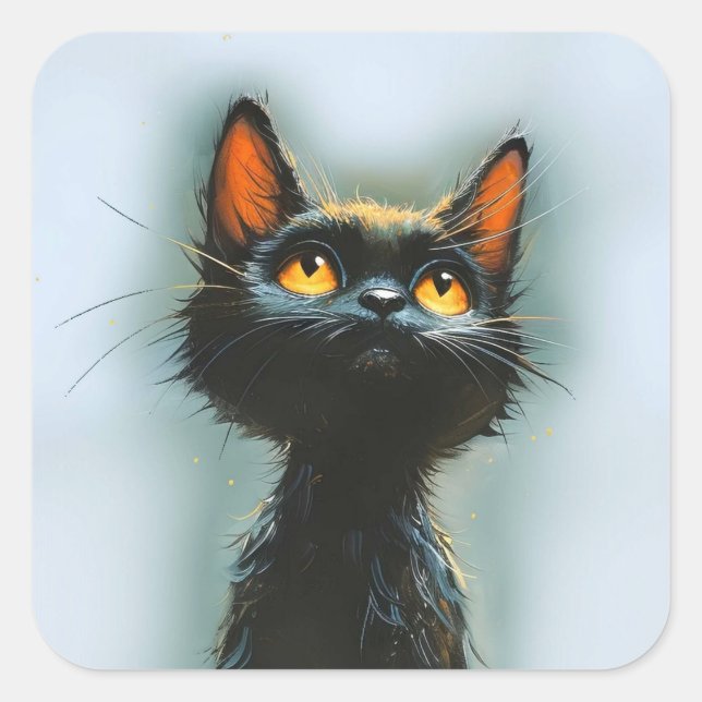 Pegatina Cuadrada Gato negro encantado (Anverso)