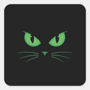 Pegatina Cuadrada Gato Negro Espeluznante Ojos Verdes
