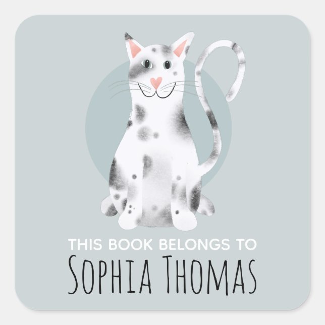 Pegatina Cuadrada Gato negro este libro pertenece a la placa de bibl (Anverso)