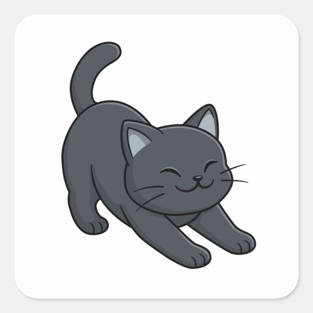Pegatina Cuadrada Gato Negro Estirándose (Anverso)