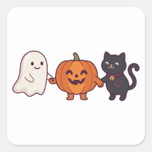 Pegatina Cuadrada Gato Negro Fantasma Lindo y Jack O Lantern Hallowe
