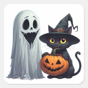 Pegatina Cuadrada Gato negro fantasma lindo y reunión de calabaza 👻
