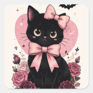 Pegatina Cuadrada Gato negro floral de rosa con lazo rosa