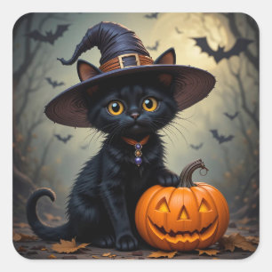 Pegatina Cuadrada Gato Negro Gatito de Halloween Calabaza Sombrero d