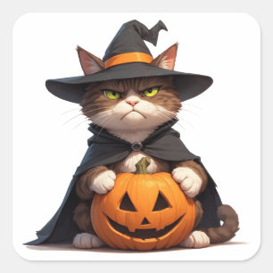 Pegatina Cuadrada Gato negro gruñón sosteniendo calabaza para Hallow