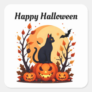 Pegatina Cuadrada Gato Negro Halloween
