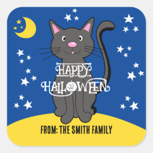 Pegatina Cuadrada Gato negro Halloween Estrellas Luna Niños adorable