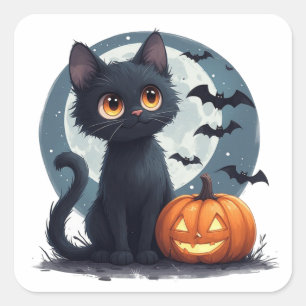 Pegatina Cuadrada Gato Negro Kawaii Bajo Luna Llena Halloween 🎃