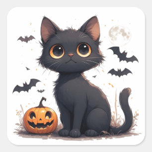 Pegatina Cuadrada Gato negro Kawaii con calabaza Halloween 🎃