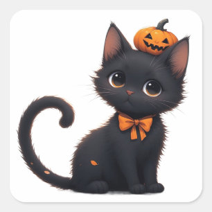 Pegatina Cuadrada Gato Negro Kawaii Halloween 🎃
