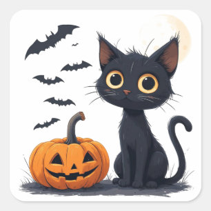 Pegatina Cuadrada Gato negro kawaii lindo Halloween divertido 🎃