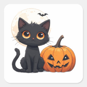 Pegatina Cuadrada Gato Negro Kawaii Tema Mágico de Halloween 🎃