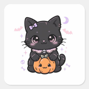 Pegatina Cuadrada Gato Negro Lindo Calabaza Halloween