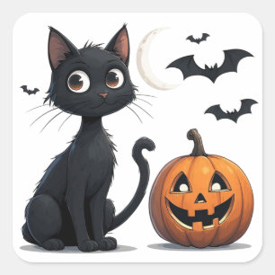 Pegatina Cuadrada Gato negro lindo con calabaza Halloween 🎃