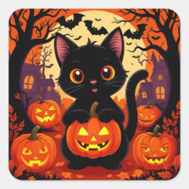 Pegatina Cuadrada Gato negro lindo con calabazas de Halloween