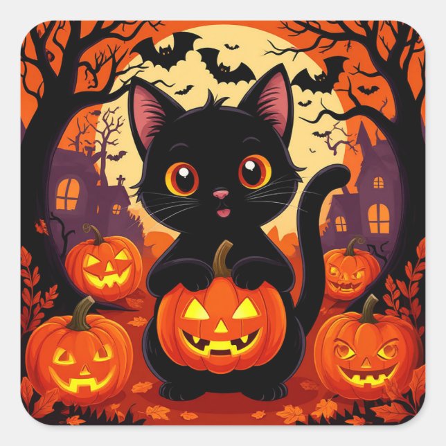 Pegatina Cuadrada Gato negro lindo con calabazas de Halloween (Anverso)