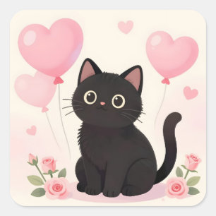 Pegatina Cuadrada Gato negro lindo con corazones rosados y flores
