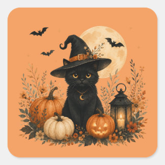 Pegatina Cuadrada Gato negro lindo de calabaza de Halloween