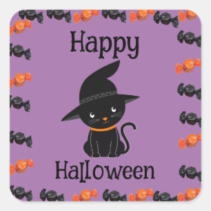 Pegatina Cuadrada Gato negro lindo en sombrero de bruja Feliz Hallow