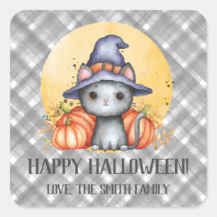 Pegatina Cuadrada Gato negro lindo feliz Halloween