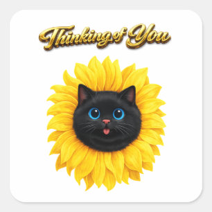 Pegatina Cuadrada Gato negro lindo girasol Cara Pensando en ti