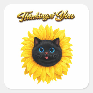 Pegatina Cuadrada Gato negro lindo girasol Cara Pensando en ti