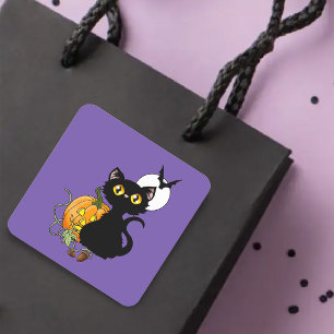 Pegatina Cuadrada Gato negro lindo púrpura espeluznante de Halloween