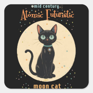 Pegatina Cuadrada Gato negro lunar futurista atómico con texto