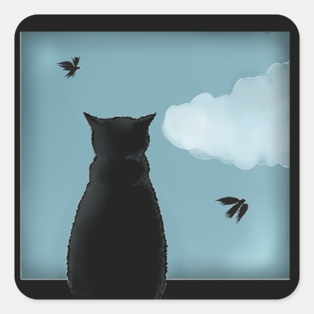 Pegatina Cuadrada Gato Negro Mirando La Ventana Al Cielo (Anverso)