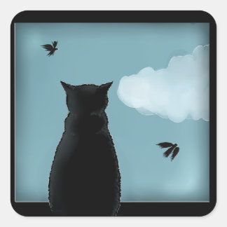 Pegatina Cuadrada Gato Negro Mirando La Ventana Al Cielo