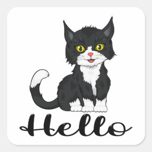 Pegatina Cuadrada Gato Negro Mono Dibujo Gatito Adorable Hola Cuadra