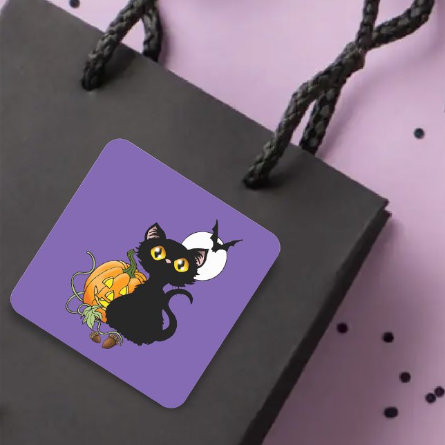 Pegatina Cuadrada Gato negro morado de la Calabaza de Halloween (Subido por el creador)