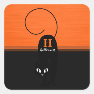 Pegatina Cuadrada Gato negro naranja de Halloween de dos tonos