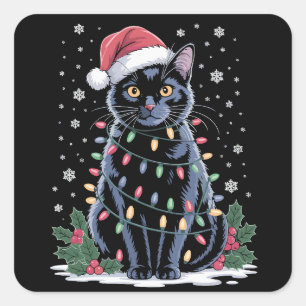 Pegatina Cuadrada Gato Negro Navidad Sombrero de Santa Divertido Gat