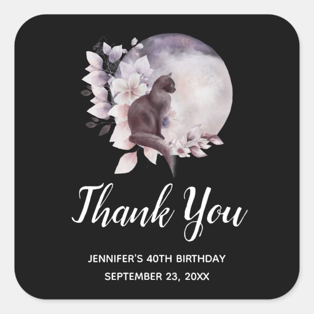 Pegatina Cuadrada Gato negro por una luna llena mágica gracias (Anverso)