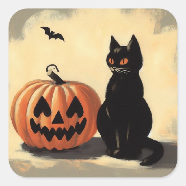 Pegatina Cuadrada Gato negro retro Halloween y calabaza (Anverso)
