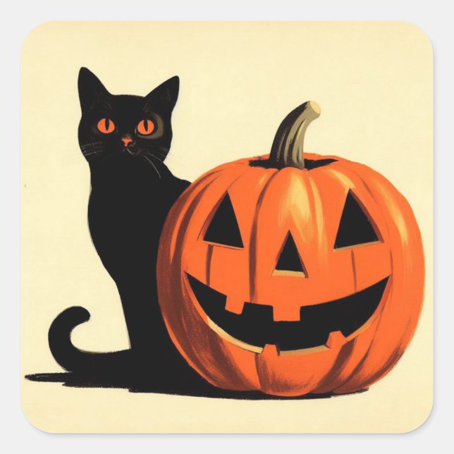 Pegatina Cuadrada Gato negro retro Halloween y calabaza (Anverso)
