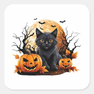 Pegatina Cuadrada Gato negro rodeado de calabazas