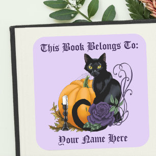 Pegatina Cuadrada Gato Negro Rosa Púrpura Calabaza Exlibris de Otoño