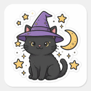 Pegatina Cuadrada Gato negro sombrero de bruja Sticker de Halloween