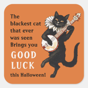 Pegatina Cuadrada Gato negro trovador Buena suerte Halloween CC1163