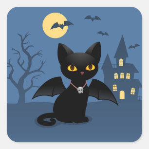 Pegatina Cuadrada Gato negro vampiro de Halloween con alas