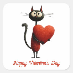 Pegatina Cuadrada Gato Negro Vintage Con Corazón Día de San Valentín