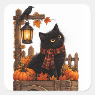 Pegatina Cuadrada Gato negro vintage cosecha de otoño